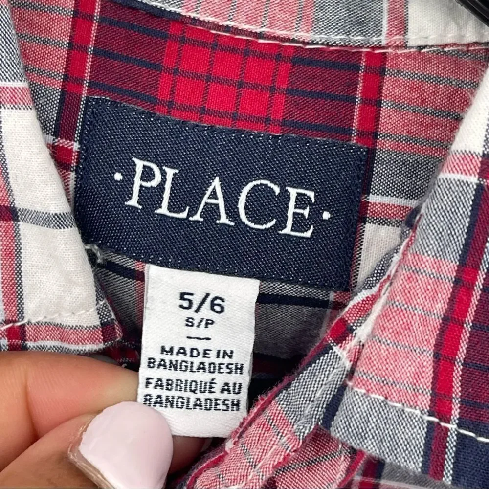 The Children’s Place Boy’s Classic Red Plaid Cotton Poplin Button Down Shirt 5/6